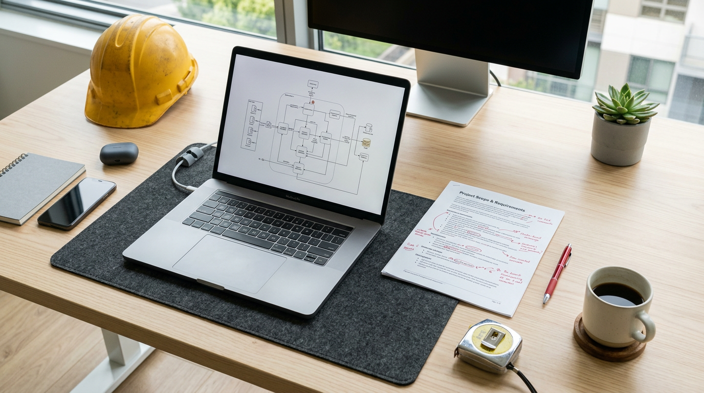 An engineer's desk with a laptop showing a system architecture diagram, a printed scope document with red pen annotations, and an industrial safety helmet