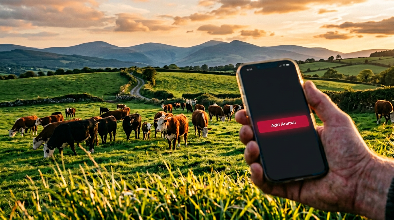 3S Cattle — golden hour Irish pasture with a herd-management dashboard on a phone in the foreground