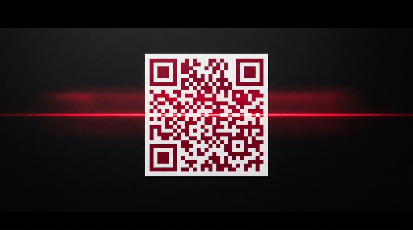 3S QR Codes — a sharp white-and-red QR code on matte black with a red laser scan line across the centre